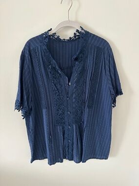 Source Unknown Navy Lace-Accent Button Front Blouse